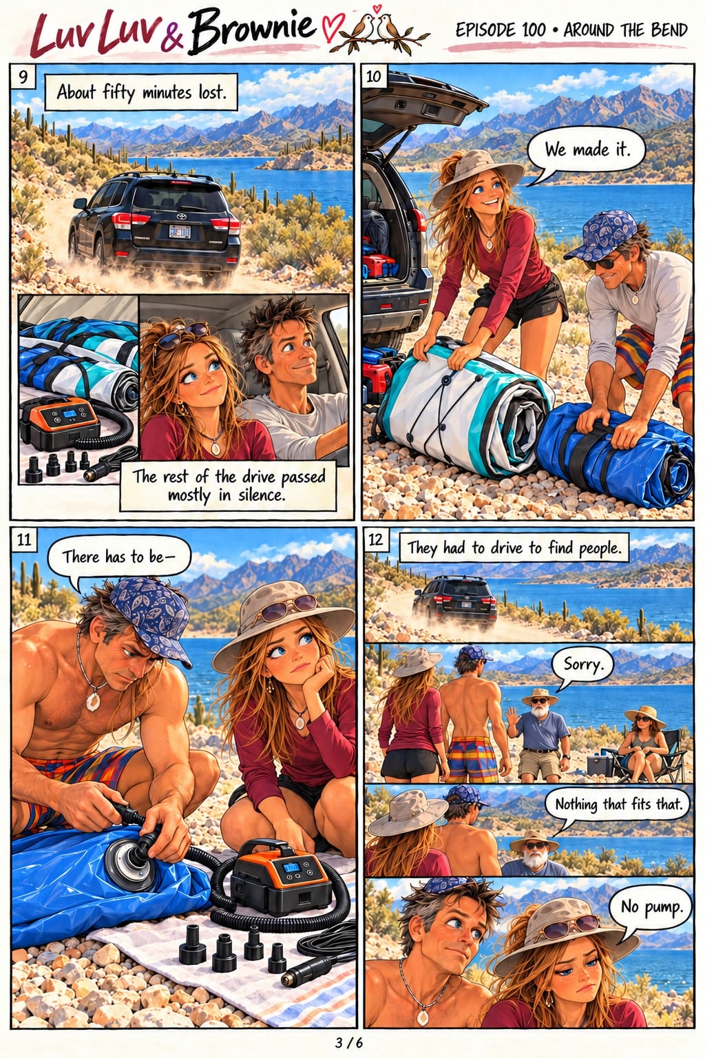Page 3. Panel 9: Their SUV kicks up dust on a road beside the lake. Caption: "About fifty minutes lost." An inset shows the new pump beside rolled boards, and the two of them in the car with small smiles. Caption: "The rest of the drive passed mostly in silence." Panel 10: At the shore, they unroll their boards. Luv Luv, in a sun hat, says, "We made it." Panel 11: Brownie struggles to fit the pump to a board's valve, saying, "There has to be—" while she watches, chin in hand. Panel 12: Caption: "They had to drive to find people." They ask an older couple in camp chairs. The man says, "Sorry. Nothing that fits that." Luv Luv, deflated, says, "No pump."