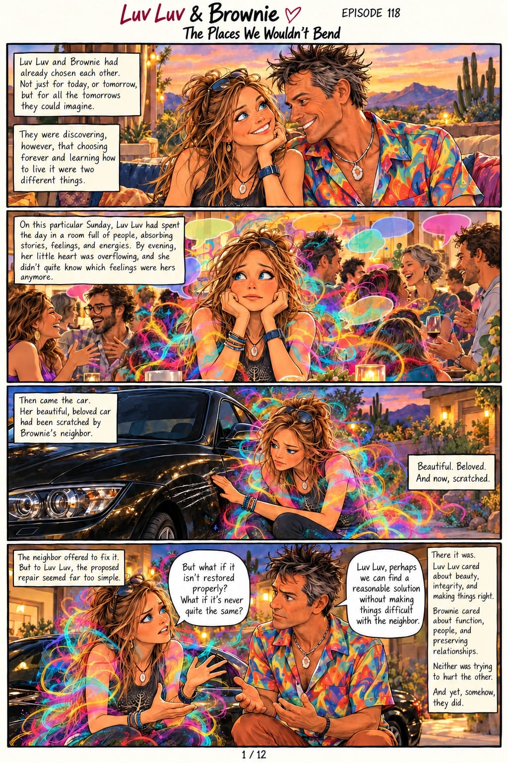 Page 1. Panel 1: At sunset, Luv Luv rests her chin on her hand and smiles up at Brownie, who smiles back. Captions: "Luv Luv and Brownie had already chosen each other. Not just for today, or tomorrow, but for all the tomorrows they could imagine." "They were discovering, however, that choosing forever and learning how to live it were two different things." Panel 2: Luv Luv sits among a lively crowd, swirls of color around her. Caption: "On this particular Sunday, Luv Luv had spent the day in a room full of people, absorbing stories, feelings, and energies. By evening, her little heart was overflowing, and she didn't quite know which feelings were hers anymore." Panel 3: She kneels by her black car, touching a scratch on its side. Captions: "Then came the car. Her beautiful, beloved car had been scratched by Brownie's neighbor." "Beautiful. Beloved. And now, scratched." Panel 4: Caption: "The neighbor offered to fix it. But to Luv Luv, the proposed repair seemed far too simple." Luv Luv asks, "But what if it isn't restored properly? What if it's never quite the same?" Brownie answers, "Luv Luv, perhaps we can find a reasonable solution without making things difficult with the neighbor." Captions: "There it was. Luv Luv cared about beauty, integrity, and making things right. Brownie cared about function, people, and preserving relationships. Neither was trying to hurt the other. And yet, somehow, they did."