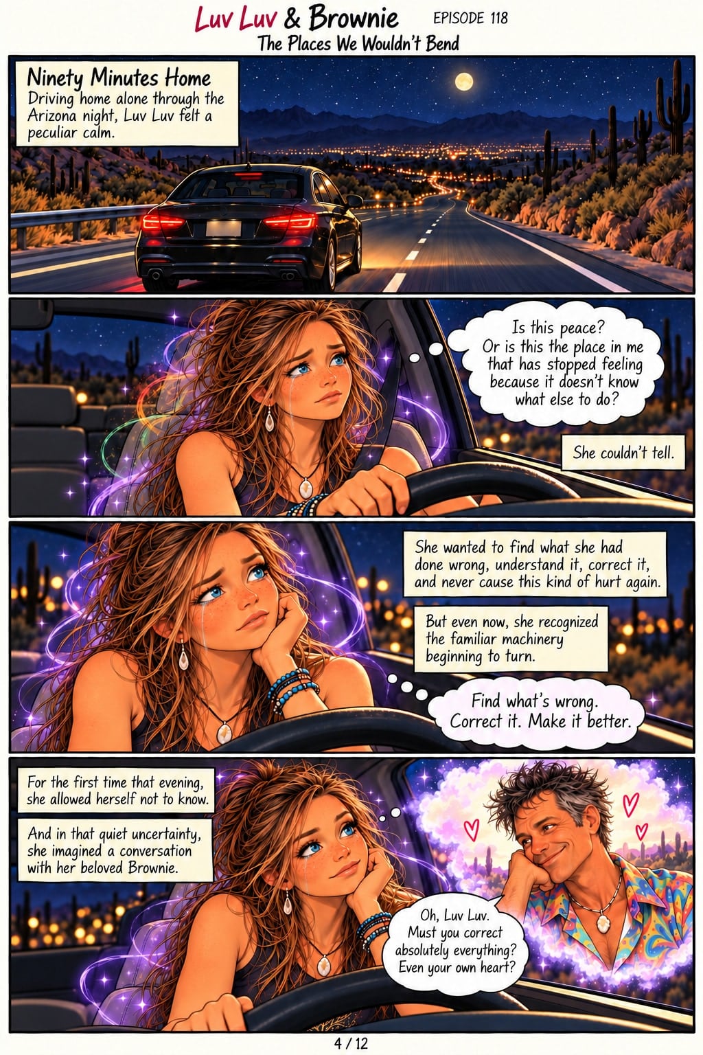 Page 4. Panel 1: A car drives a desert highway under a full moon toward city lights. Caption: "Ninety Minutes Home. Driving home alone through the Arizona night, Luv Luv felt a peculiar calm." Panel 2: Luv Luv drives, a tear on her cheek, and thinks, "Is this peace? Or is this the place in me that has stopped feeling because it doesn't know what else to do?" Caption: "She couldn't tell." Panel 3: Captions: "She wanted to find what she had done wrong, understand it, correct it, and never cause this kind of hurt again." "But even now, she recognized the familiar machinery beginning to turn." She thinks, "Find what's wrong. Correct it. Make it better." Panel 4: Captions: "For the first time that evening, she allowed herself not to know." "And in that quiet uncertainty, she imagined a conversation with her beloved Brownie." In a pink cloud with hearts, Brownie smiles and says, "Oh, Luv Luv. Must you correct absolutely everything? Even your own heart?"