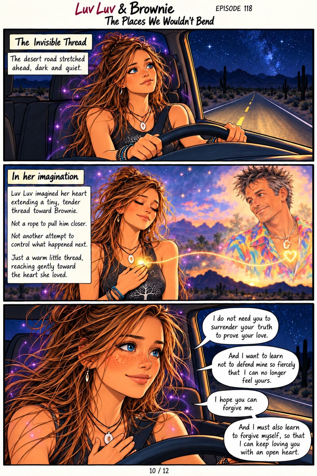 Page 10. Panel 1: Luv Luv drives down a dark desert road under the stars. Captions: "The Invisible Thread." "The desert road stretched ahead, dark and quiet." Panel 2: Eyes closed, hand on her heart, she sends a glowing golden thread toward an image of Brownie. Captions: "In her imagination." "Luv Luv imagined her heart extending a tiny, tender thread toward Brownie. Not a rope to pull him closer. Not another attempt to control what happened next. Just a warm little thread, reaching gently toward the heart she loved." Panel 3: Close on her face, hand on her heart, she says, "I do not need you to surrender your truth to prove your love." "And I want to learn not to defend mine so fiercely that I can no longer feel yours." "I hope you can forgive me." "And I must also learn to forgive myself, so that I can keep loving you with an open heart."