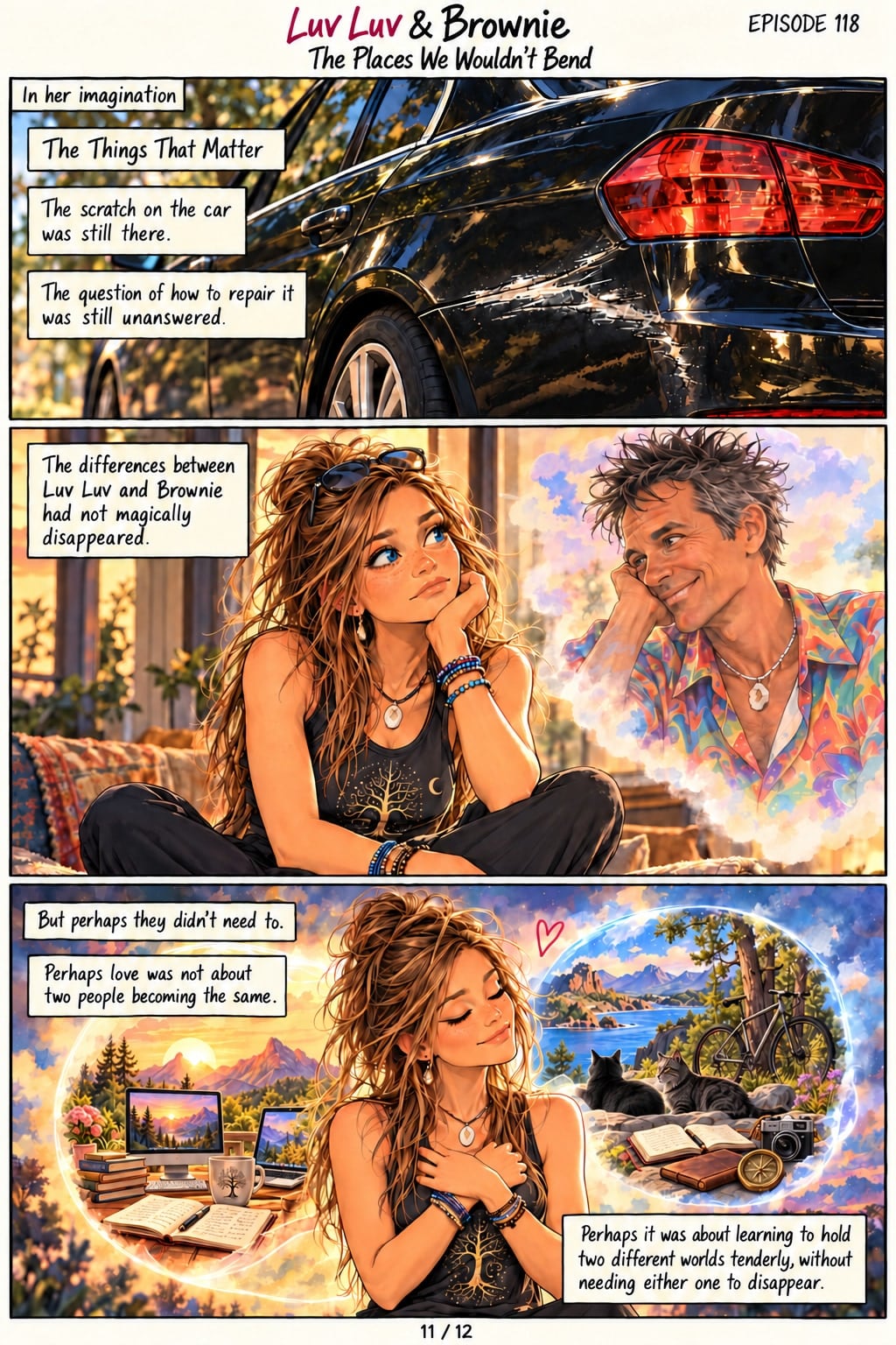 Page 11. Captions: "In her imagination." "The Things That Matter." Panel 1: A close view of the scratch on the black car. Captions: "The scratch on the car was still there." "The question of how to repair it was still unanswered." Panel 2: Luv Luv sits cross-legged, thinking, beside a soft image of Brownie. Caption: "The differences between Luv Luv and Brownie had not magically disappeared." Panel 3: Eyes closed, arms crossed over her heart, she sits between two dreamlike worlds: one with books, a computer, and a sunrise over mountains; the other with a lake, a bicycle, two cats, a camera, and a compass. Captions: "But perhaps they didn't need to." "Perhaps love was not about two people becoming the same." "Perhaps it was about learning to hold two different worlds tenderly, without needing either one to disappear."
