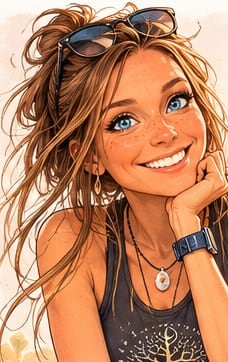 Portrait of Luv Luv, smiling, chin resting on her hand, sunglasses pushed up in her wavy hair.